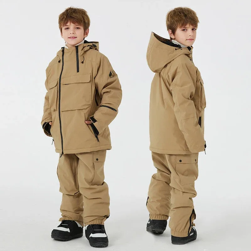 Kids' Ski Jacket & Bib Pants Set — 5 Colourways — Khaki, single kid, back view