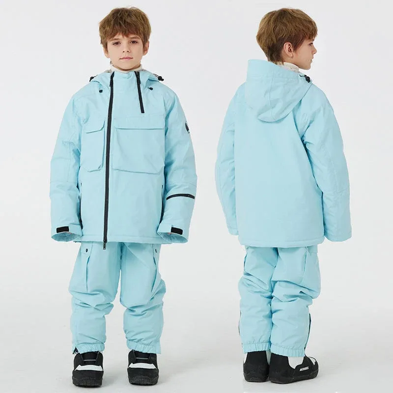 Kids' Ski Jacket & Bib Pants Set — 5 Colourways — Light Blue, single kid, front and back view