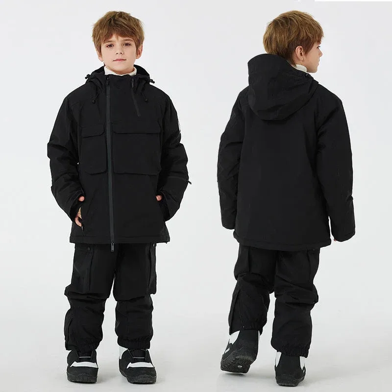 Kids' Ski Jacket & Bib Pants Set — 5 Colourways — Black, single kid, front and back view
