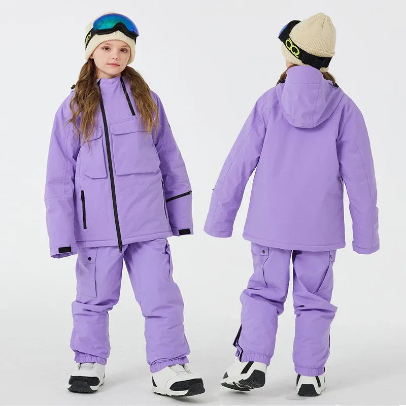 Kids' Ski Jacket & Bib Pants Set — 5 Colourways — Purple, two kids, front and back view