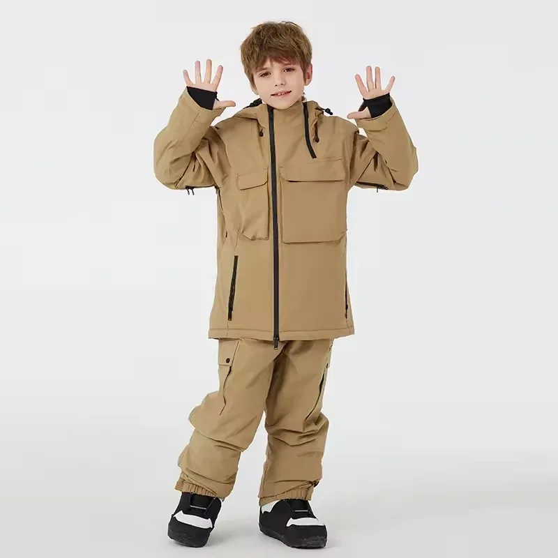Kids' Ski Jacket & Bib Pants Set — 5 Colourways — Khaki, single kid, front view