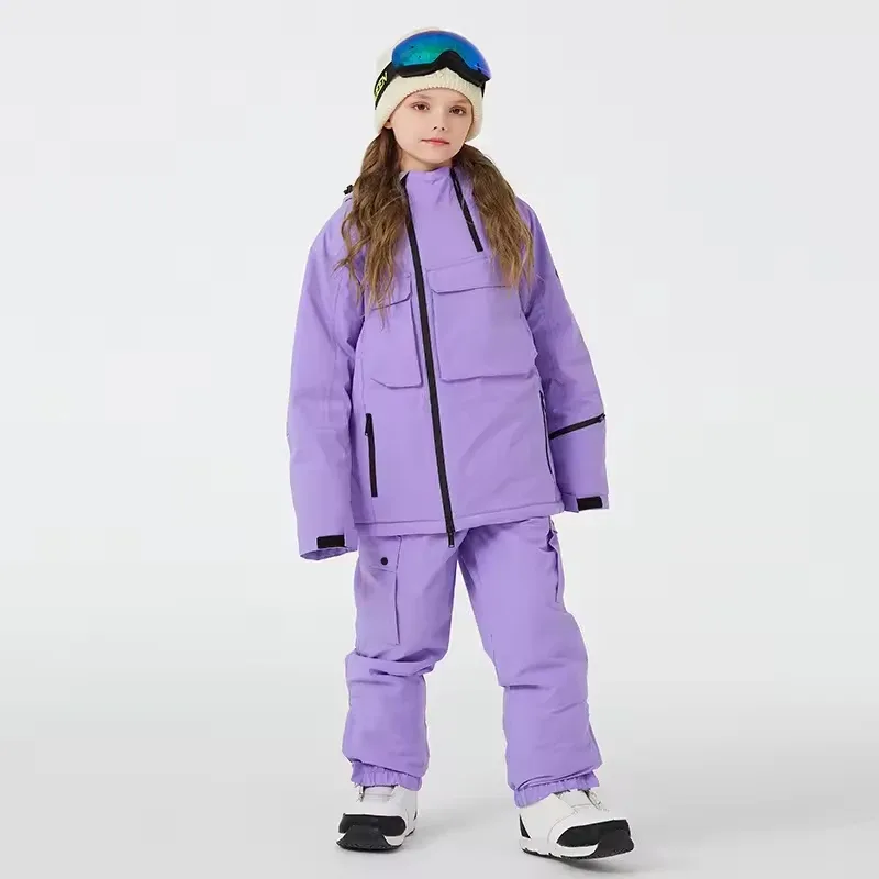 Kids' Ski Jacket & Bib Pants Set — 5 Colourways — Purple, single kid, front view