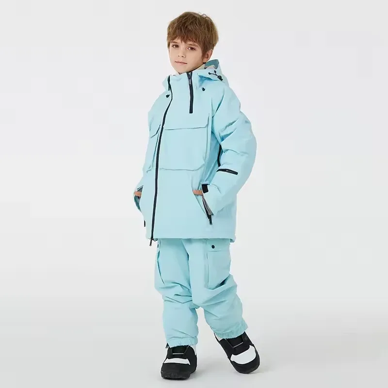 Kids' Ski Jacket & Bib Pants Set — 5 Colourways — Light Blue, single kid, front view