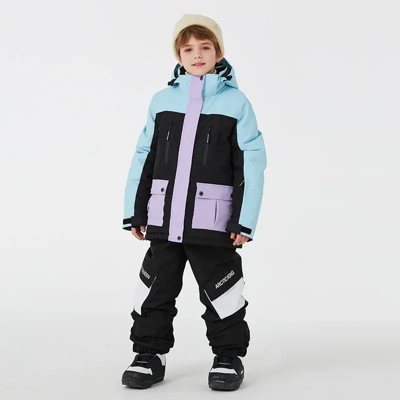 Kids' Ski Jacket & Bib Pants Set — Colour-Block — Blue & Lavender, worn, with black pants