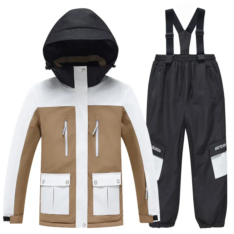 Kids' Ski Jacket & Bib Pants Set — Colour-Block — Khaki & White, jacket with black bib pants