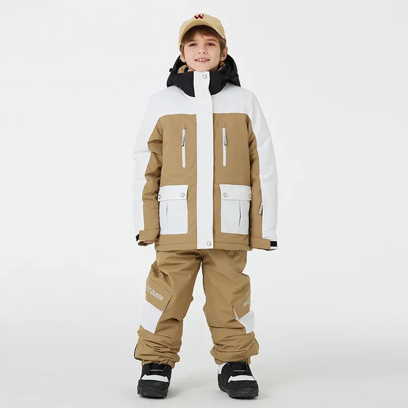 Kids' Ski Jacket & Bib Pants Set — Colour-Block — Khaki & White, worn as a set
