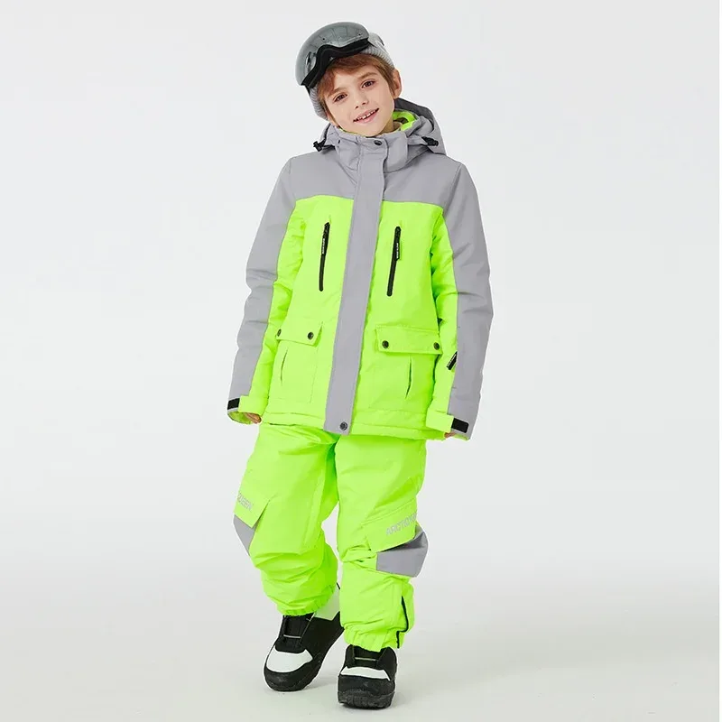 Kids' Ski Jacket & Bib Pants Set — Colour-Block — Neon Green, worn as a set