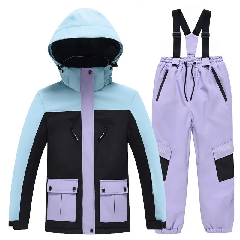 Kids' Ski Jacket & Bib Pants Set — Colour-Block — Blue & Lavender, jacket with lavender pants
