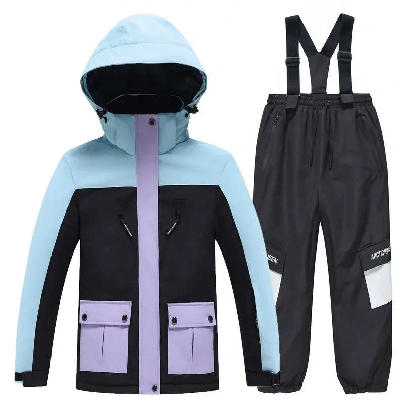 Kids' Ski Jacket & Bib Pants Set — Colour-Block — Blue & Lavender, jacket with black bib pants