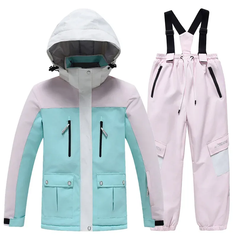 Kids' Ski Jacket & Bib Pants Set — Colour-Block — Mint & Pink, jacket with pink pants