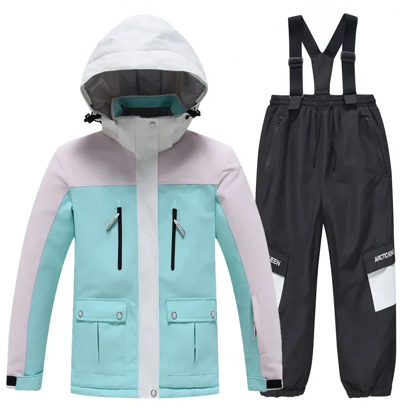 Kids' Ski Jacket & Bib Pants Set — Colour-Block — Mint & Pink, jacket with black bib pants