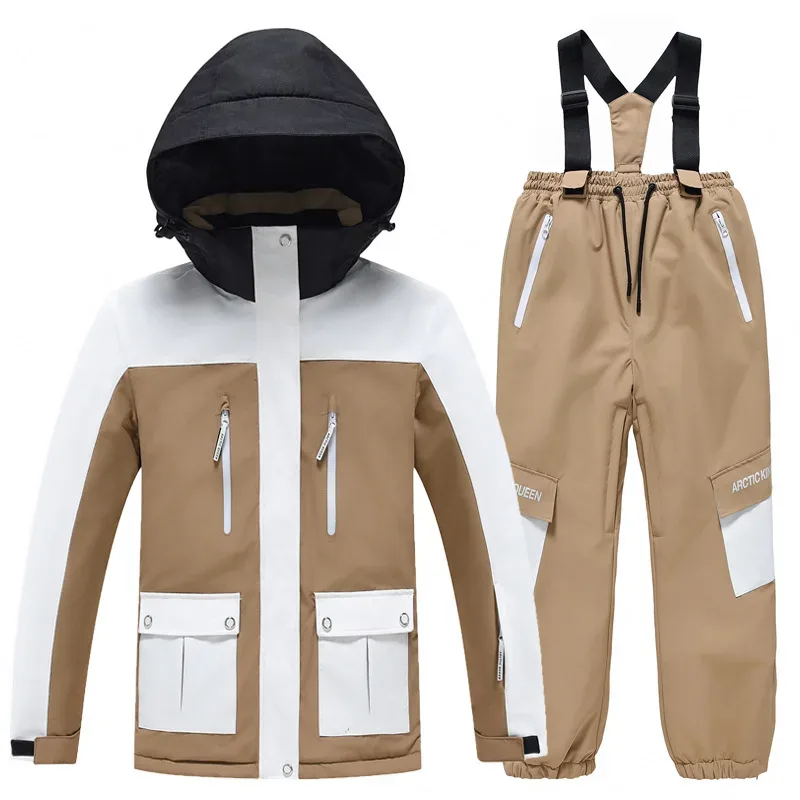 Kids' Ski Jacket & Bib Pants Set — Colour-Block — Khaki & White, jacket with khaki pants