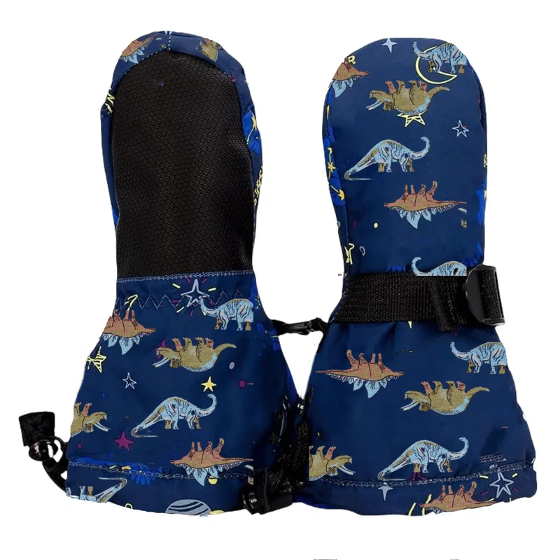 Kids' Ski Mittens — 6 Colourways — Blue Dinosaur Print, pair view