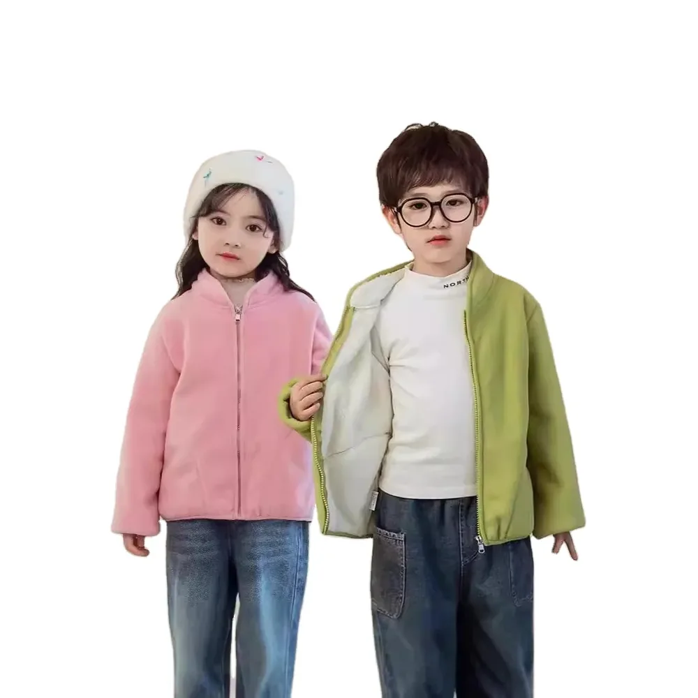 Kids' Sherpa-Lined Fleece Zip Jacket — 3 Colourways — Pink and Green, worn, two colourways