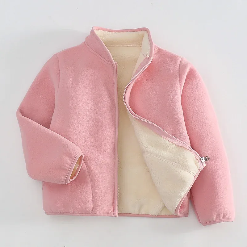 Kids' Sherpa-Lined Fleece Zip Jacket — 3 Colourways — Pink, open front, showing the sherpa lining