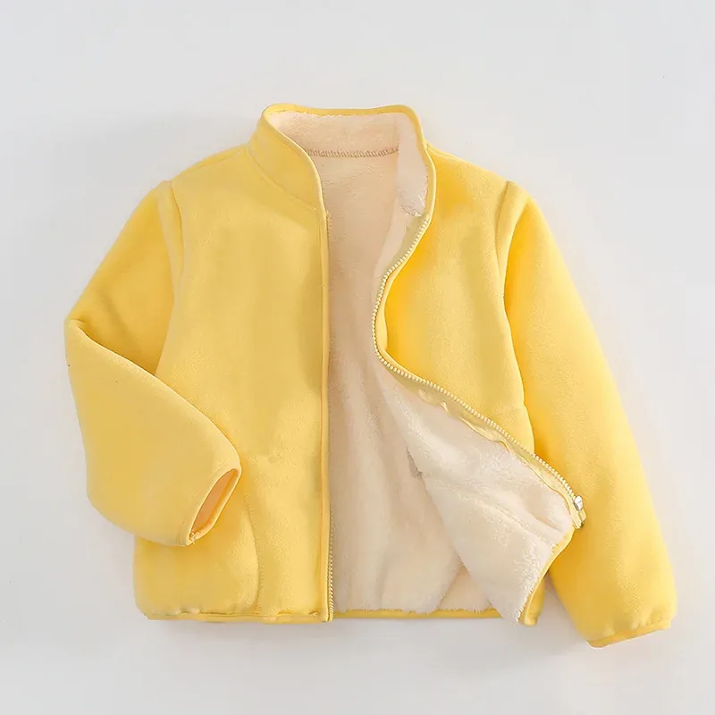 Kids' Sherpa-Lined Fleece Zip Jacket — 3 Colourways — Yellow, open front, showing the sherpa lining