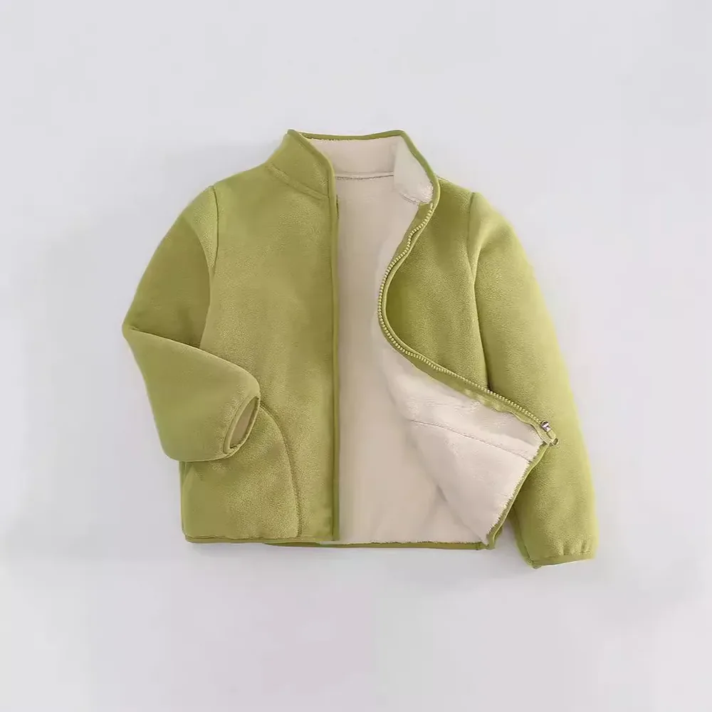 Kids' Sherpa-Lined Fleece Zip Jacket — 3 Colourways — Green, open front, showing the sherpa lining