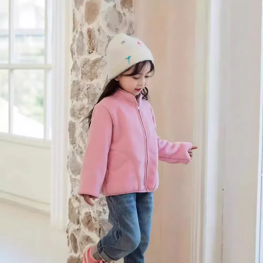 Kids' Sherpa-Lined Fleece Zip Jacket — 3 Colourways — Pink, worn, front view