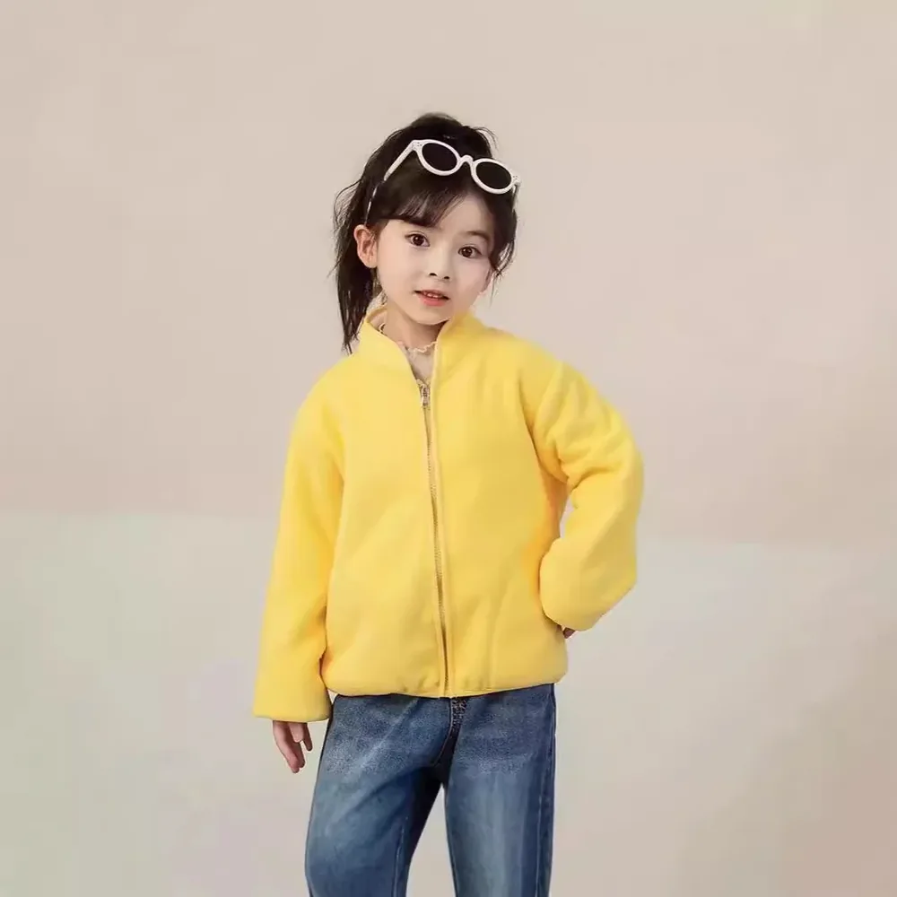 Kids' Sherpa-Lined Fleece Zip Jacket — 3 Colourways — Yellow, worn, front view