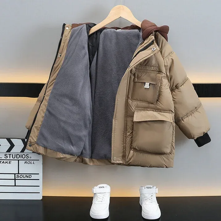 Kids' Square-Quilted Down Coat — Khaki, open, showing the fleece lining
