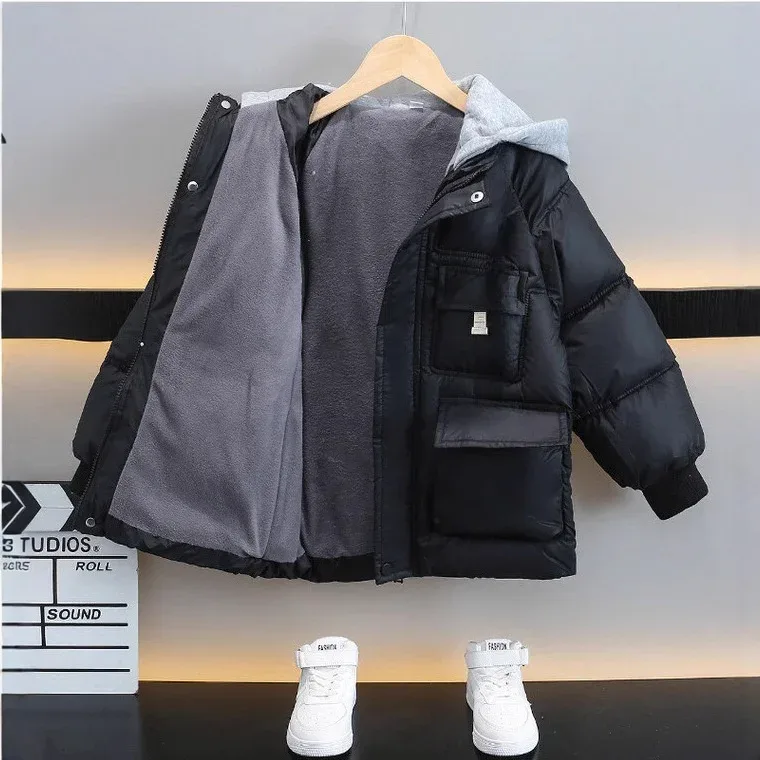 Kids' Square-Quilted Down Coat — Black, open, showing the fleece lining
