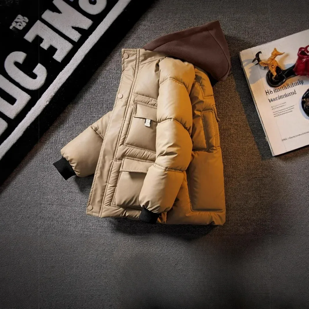 Kids' Square-Quilted Down Coat — Khaki, flat lay