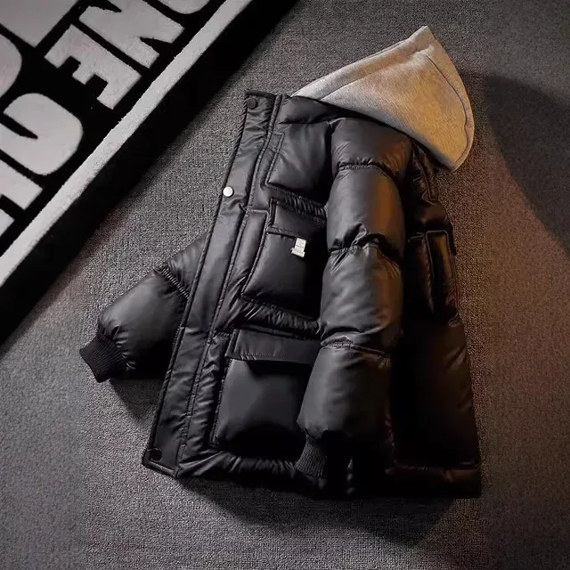 Kids' Square-Quilted Down Coat — Black, flat lay