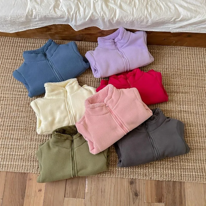 Kids' Stand-Collar Fleece Cardigan Jacket — 7 Colourways — Seven colourways, folded group view