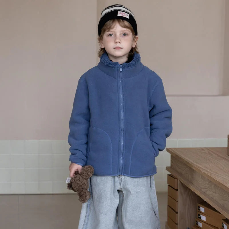 Kids' Stand-Collar Fleece Cardigan Jacket — 7 Colourways — Steel Blue, worn view