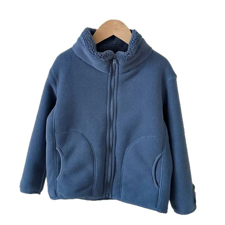 Kids' Stand-Collar Fleece Cardigan Jacket — 7 Colourways — Steel Blue, hanger front view