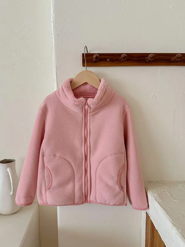 Kids' Stand-Collar Fleece Cardigan Jacket — 7 Colourways — Soft Pink, hanger front view