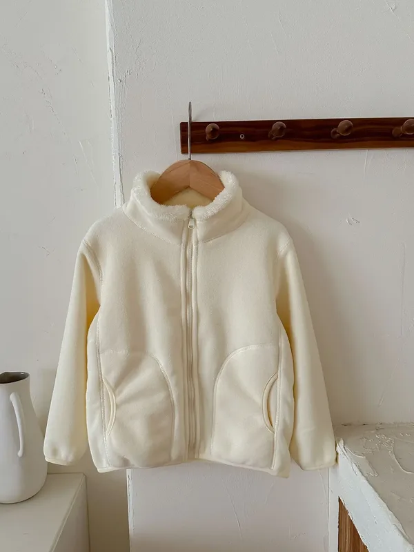 Kids' Stand-Collar Fleece Cardigan Jacket — 7 Colourways — Cream White, hanger front view