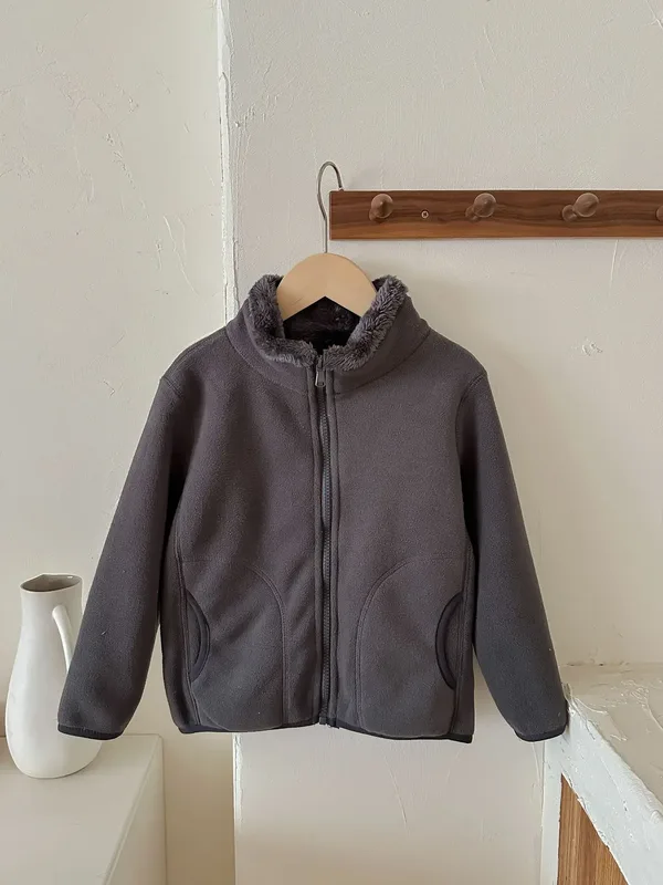 Kids' Stand-Collar Fleece Cardigan Jacket — 7 Colourways — Dark Gray, front view