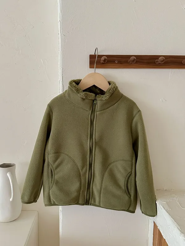 Kids' Stand-Collar Fleece Cardigan Jacket — 7 Colourways — Military Green, front view