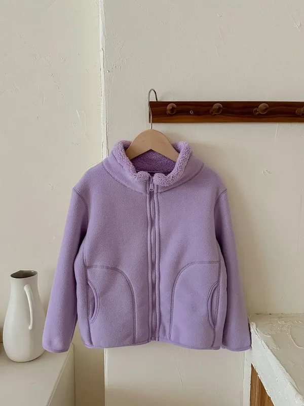 Kids' Stand-Collar Fleece Cardigan Jacket — 7 Colourways — Light Purple, front view
