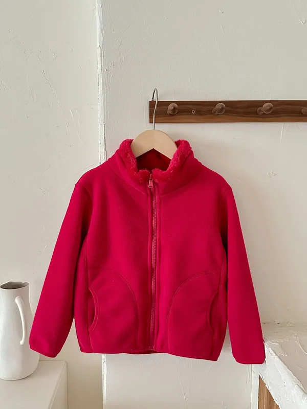 Kids' Stand-Collar Fleece Cardigan Jacket — 7 Colourways — Plum Red, front view