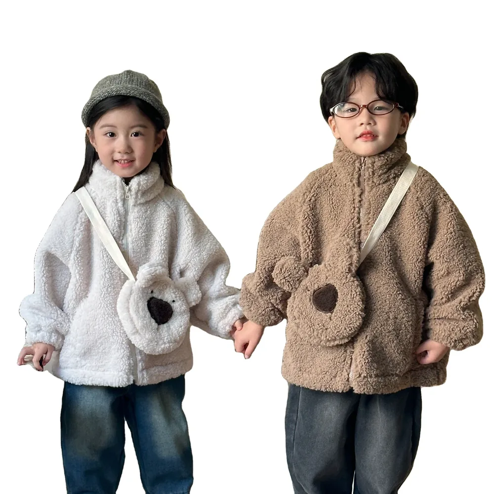 Kids' Teddy Fleece Jacket with Bear Pouch — 2 Colourways — Cream and Brown, worn, both colourways