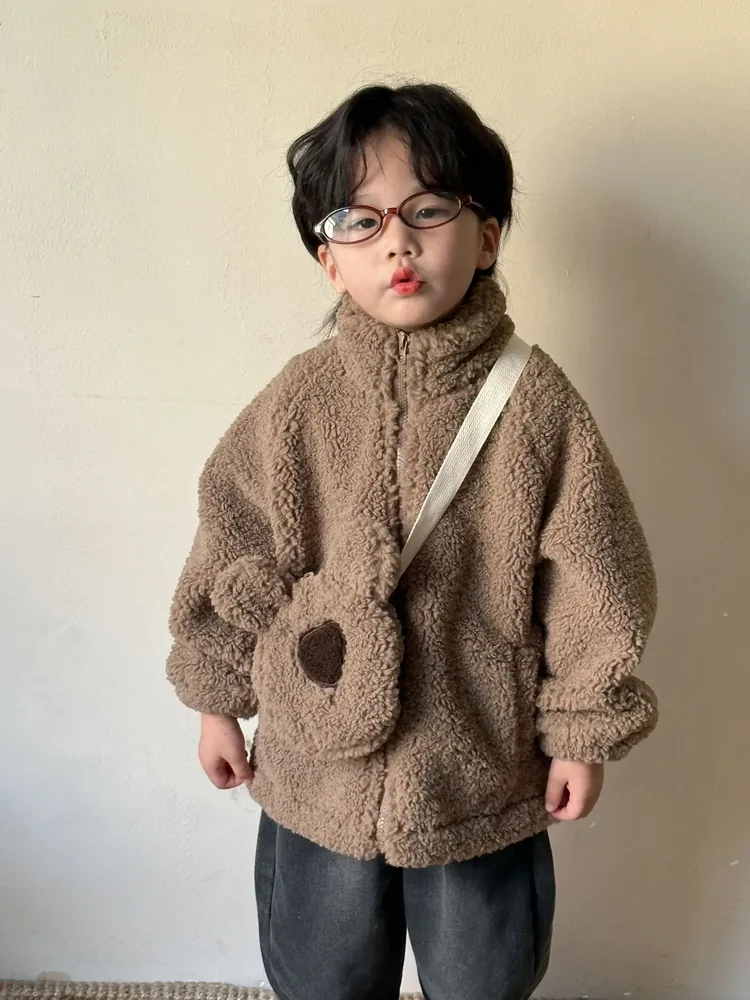 Kids' Teddy Fleece Jacket with Bear Pouch — 2 Colourways — Brown, worn, front view