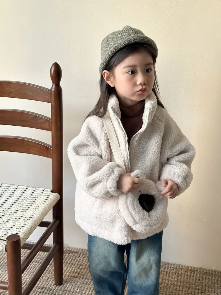 Kids' Teddy Fleece Jacket with Bear Pouch — 2 Colourways — Cream, worn, front view