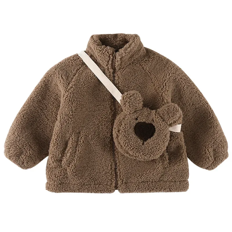 Kids' Teddy Fleece Jacket with Bear Pouch — 2 Colourways — Brown, flat lay with bear pouch