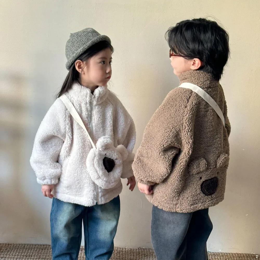 Kids' Teddy Fleece Jacket with Bear Pouch — 2 Colourways — Cream and Brown, worn, back view