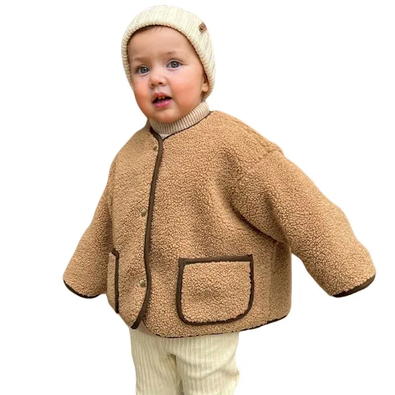 Kids' Teddy Fleece Button Jacket — Camel — Camel, worn, studio view