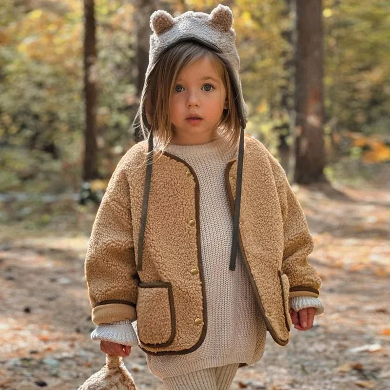 Kids' Teddy Fleece Button Jacket — Camel — Camel, worn in the woods