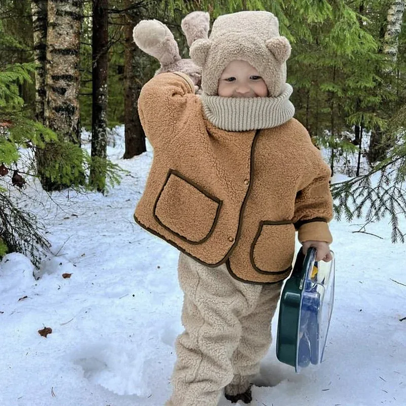 Kids' Teddy Fleece Button Jacket — Camel — Camel, worn in the snow