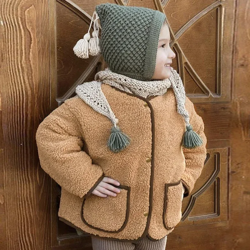 Kids' Teddy Fleece Button Jacket — Camel — Camel, worn with a knit hat and scarf