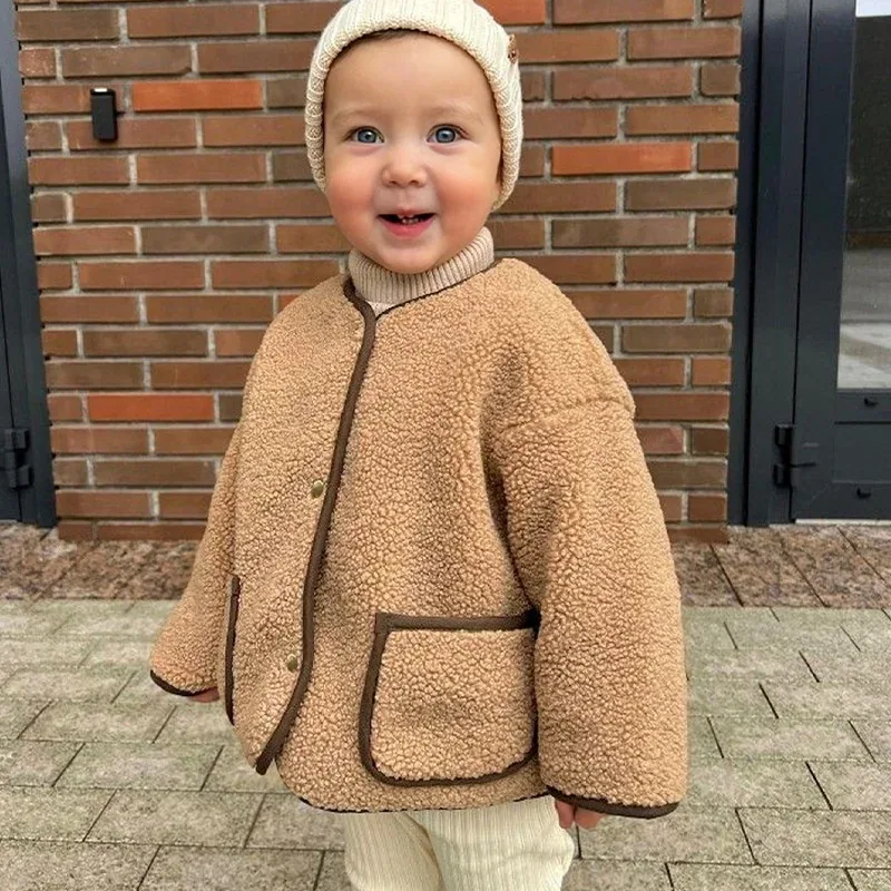 Kids' Teddy Fleece Button Jacket — Camel — Camel, worn outdoors