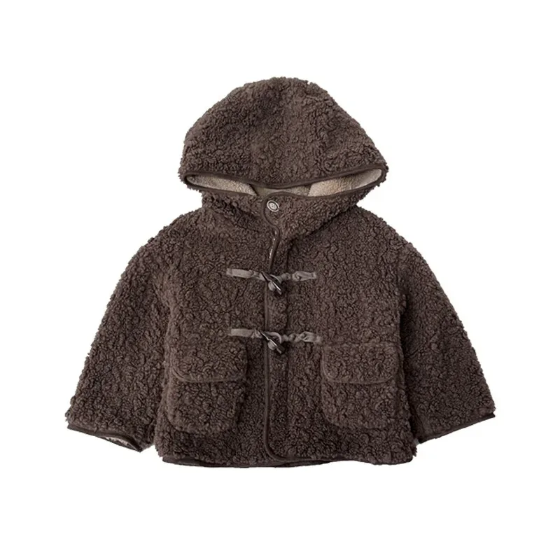 Kids' Hooded Teddy Toggle Jacket — Brown — Brown, flat lay, hood up