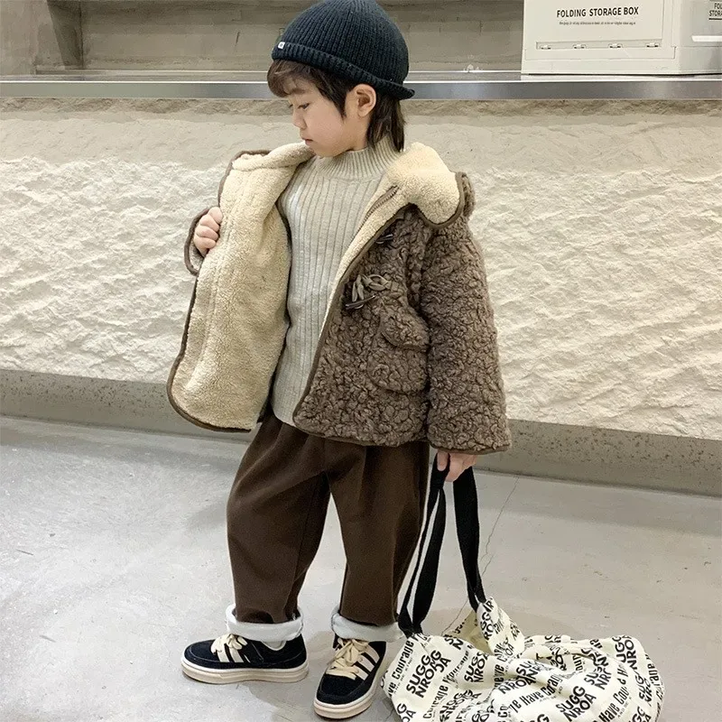 Kids' Hooded Teddy Toggle Jacket — Brown — Brown, worn open, showing the fleece lining