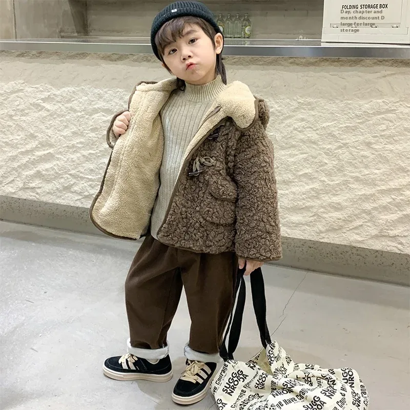Kids' Hooded Teddy Toggle Jacket — Brown — Brown, worn, front view