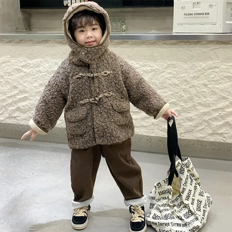 Kids' Hooded Teddy Toggle Jacket — Brown — Brown, worn with the hood up